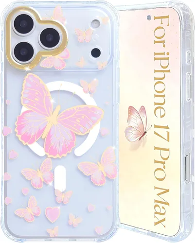 Miniatura 7 de Funda transparente con chispas brillantes para iPhone 15 Pro Max para mujeres y niñas, patrón de mariposas doradas, rosa y azul, funda protectora