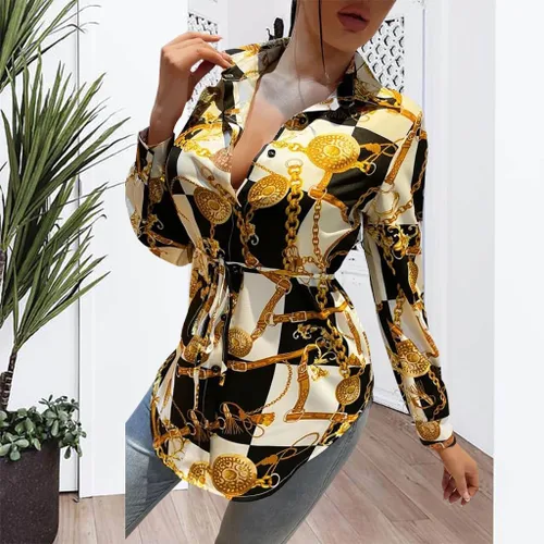 Miniatura 7 de Vestidos tipo camisa para mujer, sexy, con botones, con cuello, blusas de manga larga, estampado floral