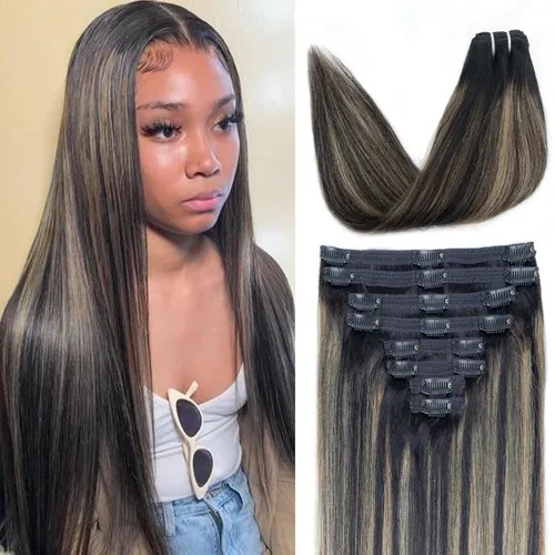 Miniatura 41 de Extensiones de cabello humano real con clip, 8 unidades, cabello humano Remy liso de seda suave natural, 4.23 oz, 20 pulgadas, negro natural #1B, 8