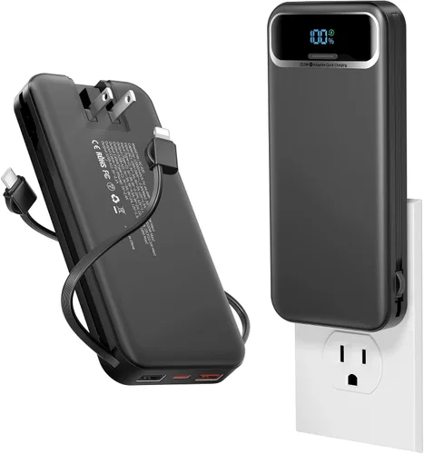 Miniatura 14 de Cargador portátil ligero de 12000 mAh con cables integrados y enchufe de pared de CA, batería de carga rápida PD20W USB-C, pantalla LED, cargador