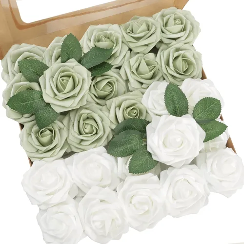 Miniatura 11 de Flores artificiales, 25 piezas, rosa artificial azul bebé para ramos de boda, centros de mesa, arreglos, flor falsa con tallos para decoración