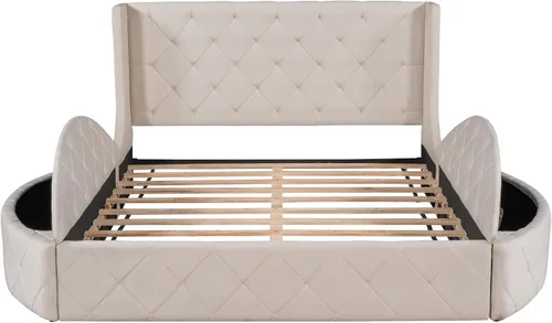 Miniatura 5 de Cama de plataforma tapizada tamaño Queen, muebles de dormitorio, marco de cama de madera de pino con cajón, taburetes de almacenamiento laterales