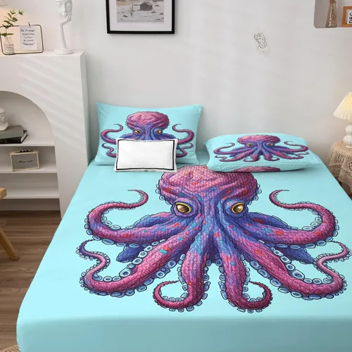 Miniatura 2 de Juego de sábanas de pulpo, tamaño individual, sábanas de tentáculo, sábanas y fundas de almohada estampadas de 3 piezas, sábana bajera ajustable