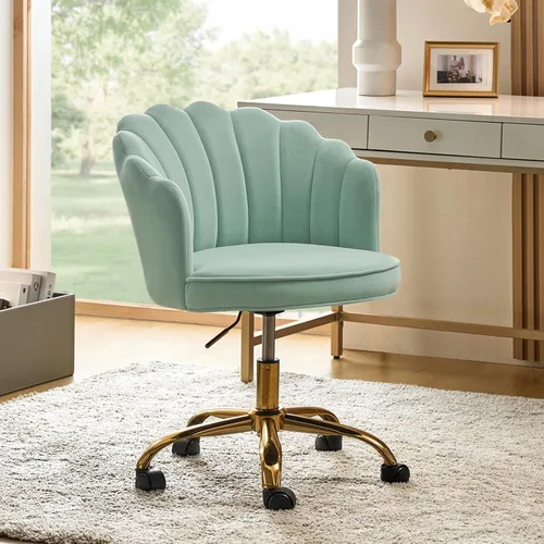 HULALA HOME Silla de oficina en casa de terciopelo con base dorada, silla de escritorio tapizada moderna y linda de concha para mujer para tocador,