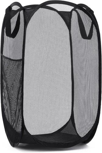Miniatura 16 de Cesta de malla para ropa sucia, desplegable, amplia apertura, bolsillo lateral, transpirable, resistente, plegable, diseño que ahorra espacio