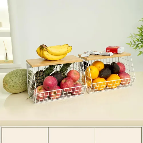 Miniatura 9 de Mefirt Cesta de frutas, frutero de 2 niveles para encimera de cocina, almacenamiento de frutas apilable montado en la pared, organizador de Marrón