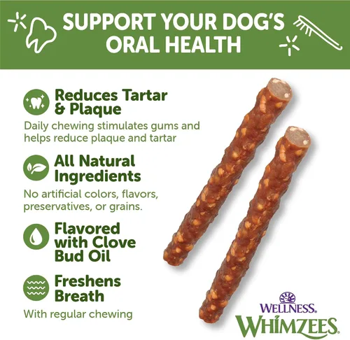 Miniatura 3 de WHIMZEES Golosinas dentales naturales de larga duración para perros, sin granos, salchicha vegetariana, pequeña, bolsa de 28