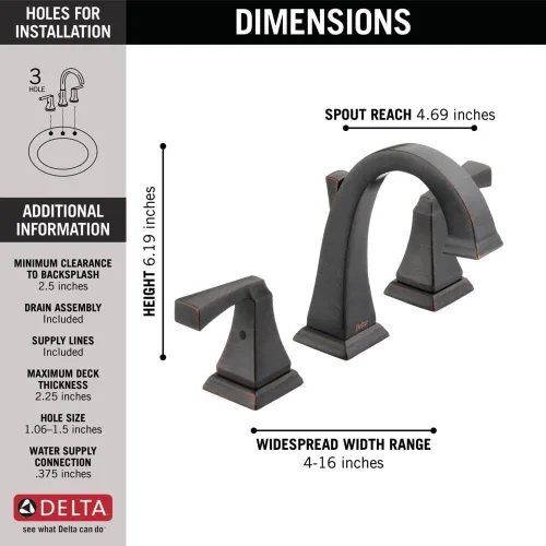 Miniatura 4 de Delta Dryden - Grifo de baño de bronce aceitado de 3 agujeros, grifo de lavabo de baño de 8 pulgadas para tocador, conjunto de drenaje de metal