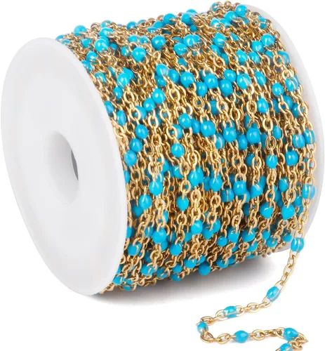 Miniatura 27 de Cadenas de esmalte dorado de 33 pies a granel, 2 mm, chapadas en oro de 18 quilates con PVD, acero inoxidable 304, cadena de eslabones con cuentas