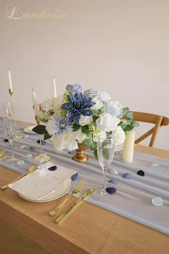 Miniatura 4 de Lookein Camino de mesa de gasa azul polvoriento de 10 pies, mantel transparente para boda, 29 x 120 pulgadas, decoración rústica de boda, camino