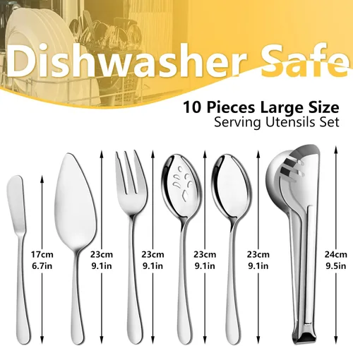 Miniatura 2 de Pleafind Juego de 10 utensilios de acero inoxidable para servir con cucharas, cucharas ranuradas, tenedores, pinzas, servidor de pastel y cuchillo
