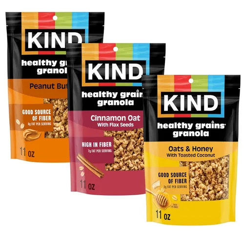 KIND Granola de Granos Saludables, Paquete Variado, Mantequilla de Maní, Avena con Canela, Avena y Miel, Aperitivos Saludables, Sin Gluten, 100%