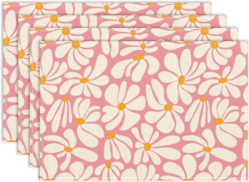 Juego de 4 manteles individuales florales retro de los años 70, 12 x 18 pulgadas, color rosa, abstracto, margarita, vintage, retro, hippie,