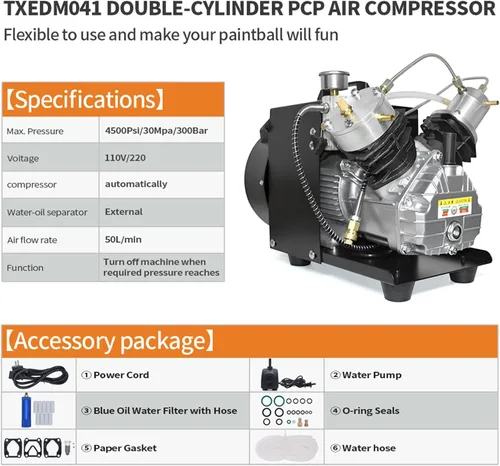 Miniatura 5 de TUXING Compresor de tanque de buceo, compresor de aire PCP de 4500 psi, compresor de aire de alta presión, bomba de buceo PCP de doble cilindro