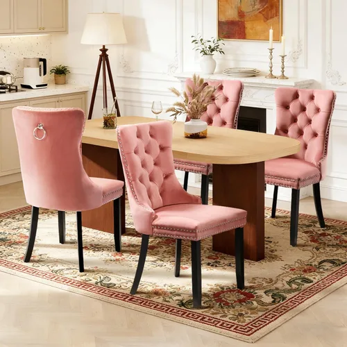 Miniatura 63 de Juego de 4 sillas de comedor de terciopelo, sillas de comedor tapizadas con ribete de cabeza de clavo y patas de madera maciza para cocina
