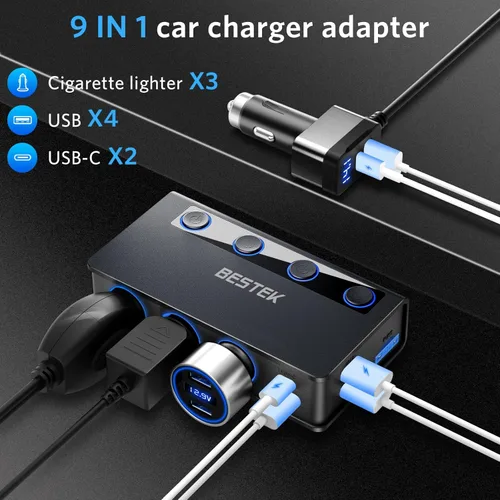 Miniatura 2 de BESTEK Divisor de encendedor de cigarrillos de 180 W, encendedor de cigarrillos de coche de 3 enchufes con puertos PD36W/65W y QC3.0 de 18 W