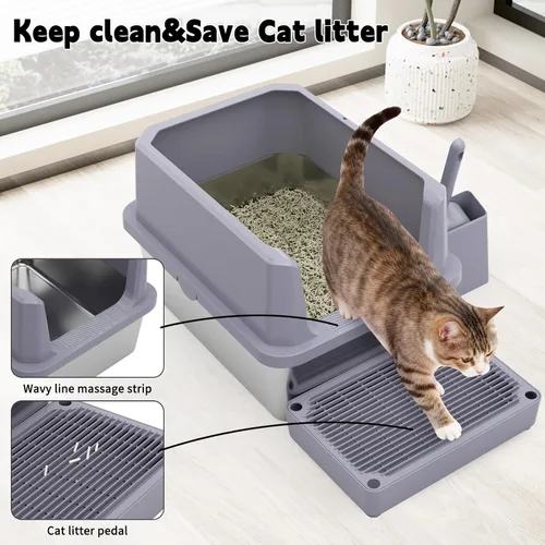 Miniatura 4 de RIZZARI Pequeña caja de arena para gatos de acero inoxidable con alfombrilla de control de seguimiento, bandeja de arena abierta y fácil de limpiar