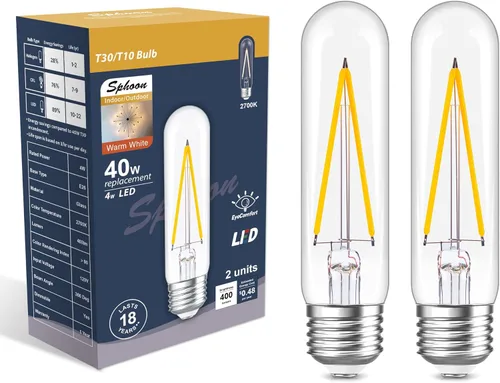 Bombilla LED vintage de 4 W regulable, 2700 K, luz blanca cálida, E26 T10 Edison, equivalente a 40 W, 400 lm, para lámpara colgante de candelabro,