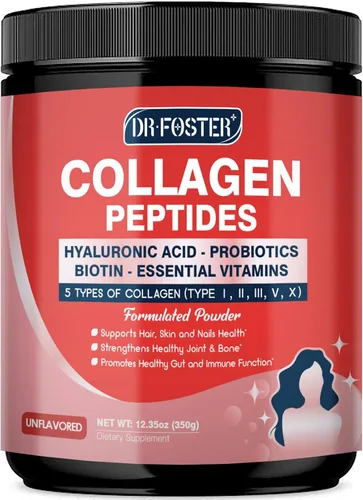 Polvo de péptidos de colágeno múltiple con probióticos - Tipo I II III V X - Péptidos de colágeno hidrolizados con multivitaminas, ácido hialurónico