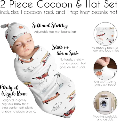 Miniatura 6 de Sweet Jojo Designs Conjunto de manta para bebé con diseño de avión, diseño de capullo y gorro para recién nacido, manta para ir a casa, conjunto