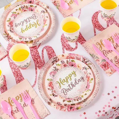 Miniatura 4 de Roshtia 175 piezas de suministros florales para fiesta, sirven a 25 invitados, juegos de vajilla de rosa de feliz cumpleaños para adultos y mujeres