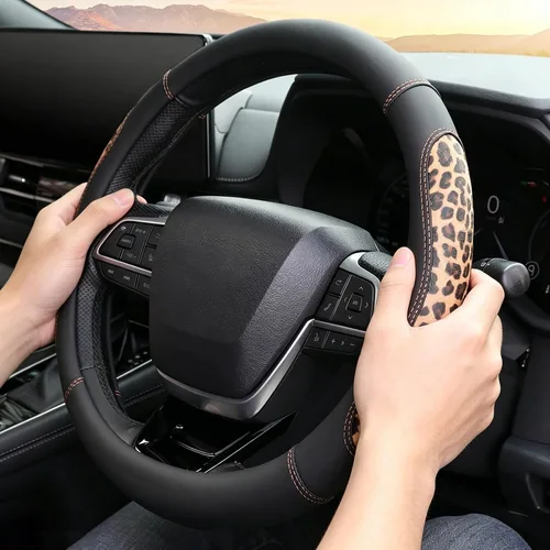 Miniatura 3 de KAFEEK Funda de cuero de microfibra para volante de automóvil, universal de 15 pulgadas, protector de volante de automóvil antideslizante empalmado