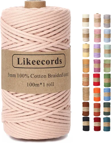 Miniatura 78 de Cordón de Algodón Trenzado 3mm x 109 yardas - Cuerda de Macramé Colorida para Manualidades, Ganchos, Colgantes de Pared - 100% Algodón Natural