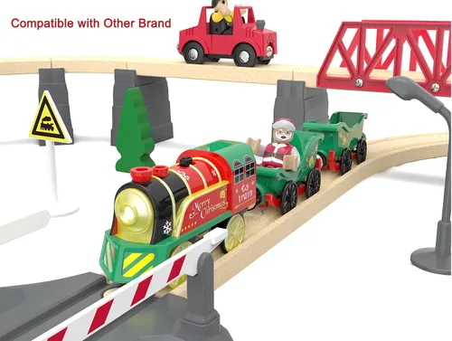 Miniatura 4 de Juego de tren eléctrico para pistas de madera, juguete de trenes a batería con luces y sonidos para niños pequeños, tren motorizado para niños