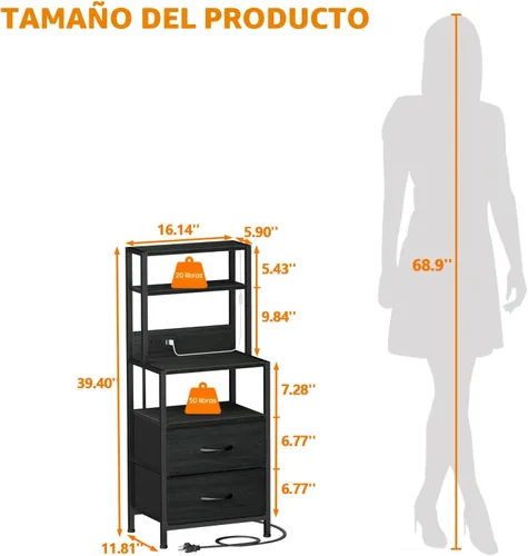 Miniatura 2 de Furnulem Mesita de Noche, Mesita Alta con 4 Estantes, 2 Cajones de Tela y Tubo de Luz, Mesas Auxiliares con Estación de Carga, Mesa de Noche