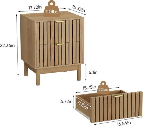 Miniatura 2 de Wood Nightstand Set of 2, Modern Bedside Table with Grille Design, End Side Table with 2 Drawers Storage for Living Room, Bedroom, Oak