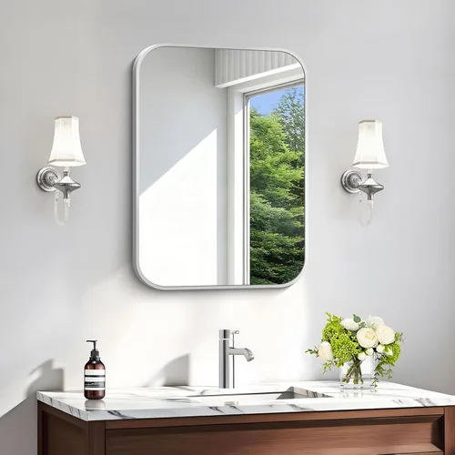 Miniatura 23 de Espejo de baño de 18 x 24 pulgadas con marco de metal negro rectangular, espejo de tocador rectangular de esquinas redondeadas, espejo de pared