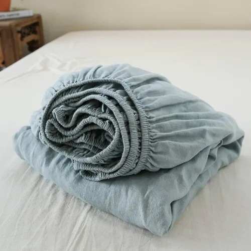 Sábana bajera ajustable 100 % lino lavado a la piedra, color sólido (1 pieza) funda de colchón de 14 pulgadas de profundidad suave, natural y Azul