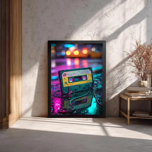 Miniatura 5 de Cinta de casete de audio retro y arte en lienzo de Walkman, fotografía de neón de la nostalgia musical de los años 80, decoración de pared