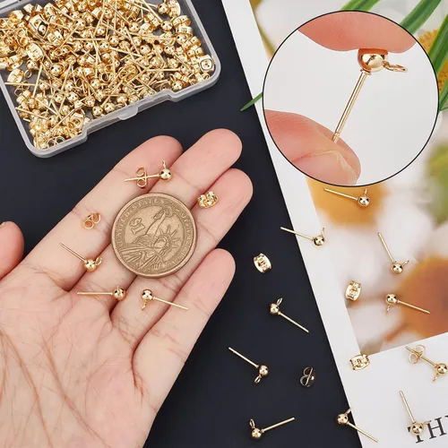 Miniatura 3 de Beebeecraft 100 PIEZAS de Pendientes de Poste de Bola Chapados en Oro de 24K con Lazo, Accesorios para Pendientes con Poste de Bola para Hacer Dorado