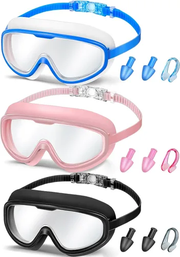 Miniatura 12 de Konohan Paquete de 3 gafas de natación para adultos, gafas anchas sin fugas, antiniebla, con clips para la nariz, tapones para los oídos