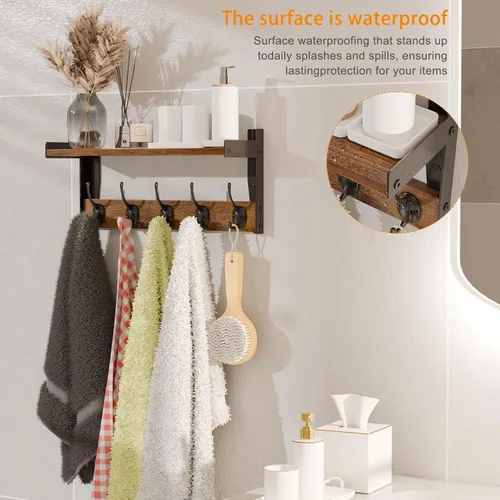 Miniatura 4 de Ganchos de pared con estante, perchero de madera con estante montado en la pared, estantes colgantes de entrada con 5 ganchos de metal para ropa