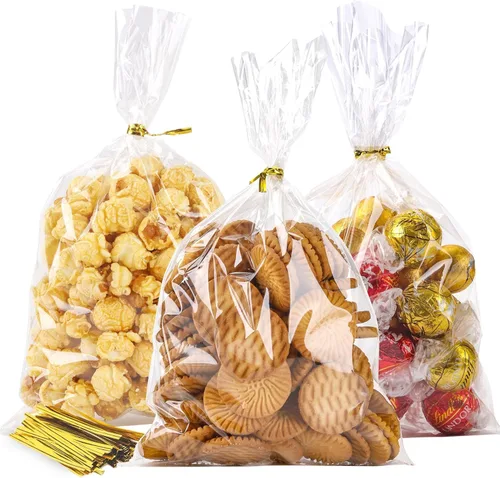 LOKIQNG - Bolsas de celofán de plástico para regalo, bolsas transparentes para galletas con lazos giratorios para bolsas de recuerdos de fiesta