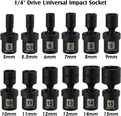 Miniatura 3 de MIXPOWER Juego de 12 piezas de enchufe de impacto universal métrico de 1/4" de profundidad, CR-MO, enchufe giratorio con oscilación flexible, 5mm