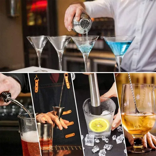 Miniatura 4 de Kit de coctelera de 17 piezas con soporte, coctelera Boston, cuchara mezcladora, Muddler, jigger medidor, exprimidor de limón, pinzas, sacacorchos