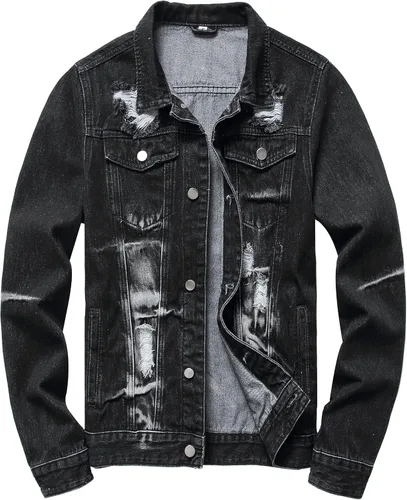 Miniatura 14 de LAMKUKU Chaqueta de mezclilla para hombre rasgada ajustada, abrigo de chaqueta vaquera para hombres