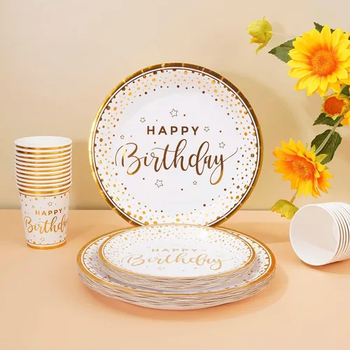 Miniatura 6 de 175 piezas de platos y servilletas de feliz cumpleaños suministros de fiesta, platos de papel dorado con puntos y servilletas con tenedores, Blanco