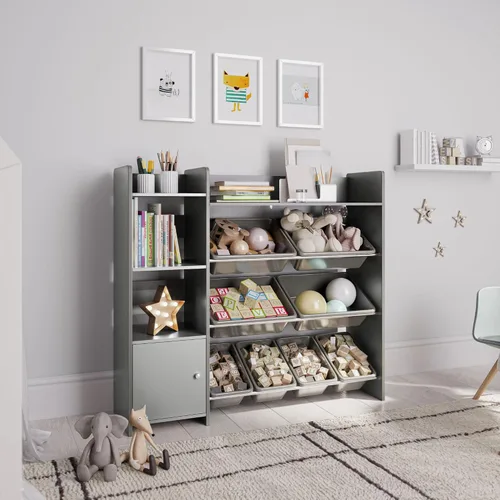 Miniatura 7 de Sturdis Organizador de almacenamiento de juguetes con estantería, estantería de organización de sala de juegos para niños con contenedores de Gris