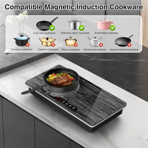 Miniatura 3 de Placa de inducción portátil de 2 quemadores, quemador de inducción doble de 1800 W con control táctil, temporizador y bloqueo de seguridad, estufa