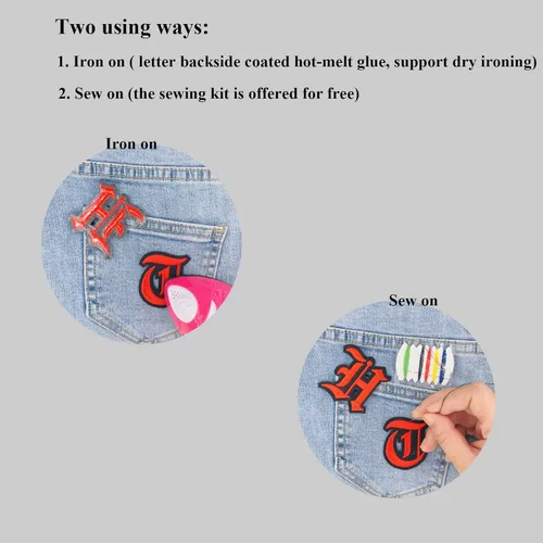 Miniatura 4 de Parches de letras góticas rojas termo-adhesivas en antiguo inglés A-Z de 2" bordados, transferencia térmica/cosido en iniciales deportivas, alfabeto