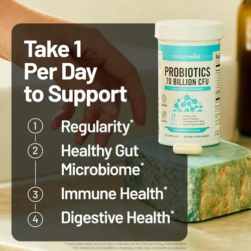 Miniatura 9 de NatureWise Probióticos 70 mil millones de UFC, 17 cepas + prebióticos orgánicos, apoyo para la salud inmunológica, digestiva e intestinal