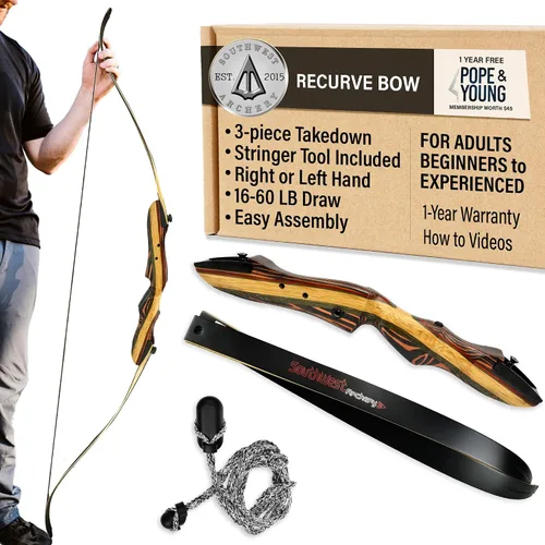 Southwest Archery Tigershark Takedown - Arco recurvo – Versiones estándar y PRO – Arco de caza de 62 pulgadas – zurdo y diestro – Pesos de tracción