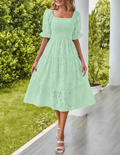 Miniatura 5 de MEROKEETY Vestido midi escalonado de verano para mujer, manga corta abombada, cuello cuadrado, floral, texturizado, escalonado