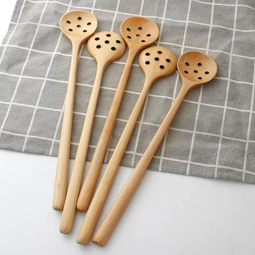 Miniatura 4 de 1 cuchara de madera de olivo, 11 pulgadas, estilo coreano, mango largo, cucharas redondas ranuradas de madera para mermelada de oliva