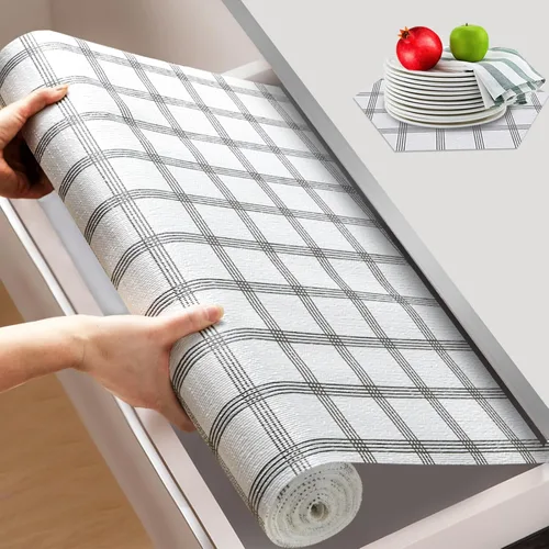 Miniatura 14 de Beautysaid Revestimiento de estante y cajón para gabinete Ktichen, papel antideslizante no adhesivo, impermeable, lavable, grueso para tocador