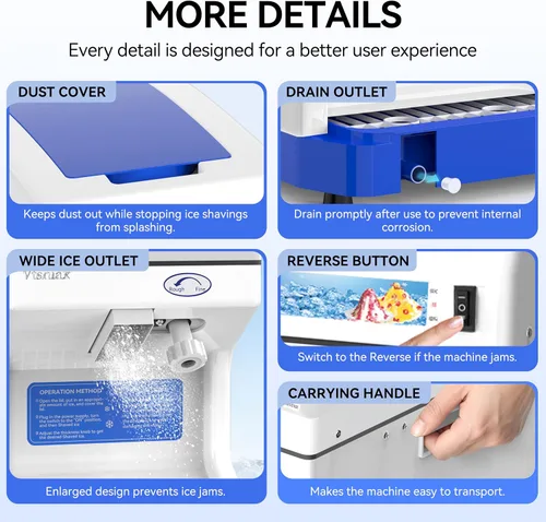 Miniatura 5 de Trituradora de hielo eléctrica, máquina de hacer cono de nieve de 250 W, grosor ajustable de 265 libras/hora para bar, fiestas, eventos, aperitivos